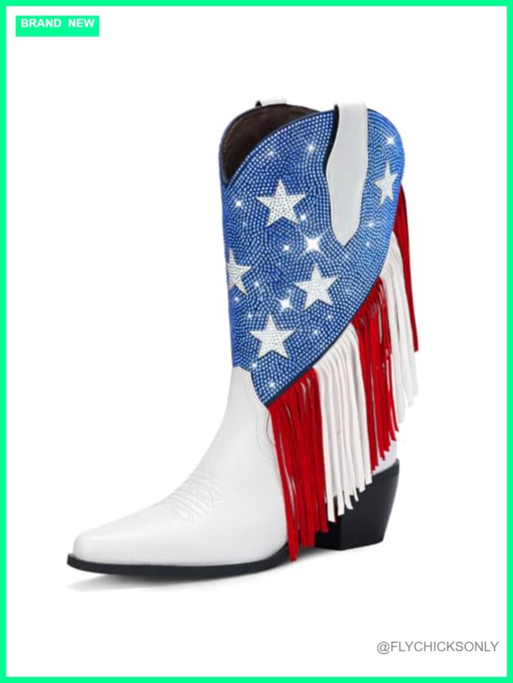 Rhinestone Fringe Western Cowboy Boots Pointed Toe Chunky Heel Faux Leather